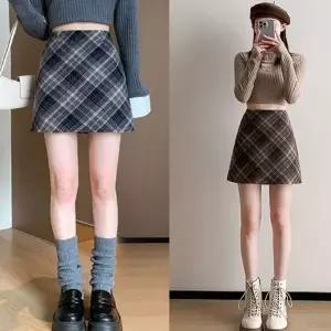 여성 2컬러 가을 겨울 체크 모직 A라인 미니스커트 (HSJ-WFG9ICS)