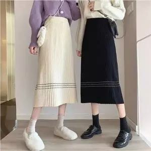 여자 봄 가을 골지 니트 H라인 롱 스커트 허리밴딩 치마 (HSJ-WFK28MD)