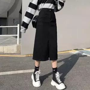 여자 데일리 블랙 데님 A라인 앞트임 미디 스커트 (HSJ-WBD07C0)