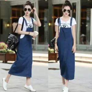 데님스커트롱치마 코디 데일리룩 롱스커트멜빵청치마 진청 H라인롱스커