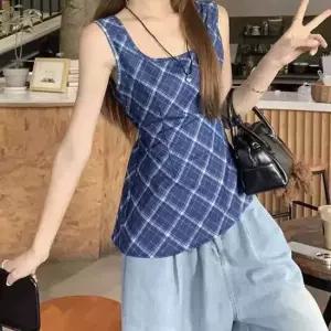 여성 블루 체크 민소매 여름 데일리 블라우스 여름민소매