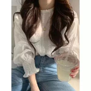 [하프클럽/샵앤]여성 여리핏 펀칭 레이스 브이넥 코튼 블라우스 WON-WBL-WCF431D