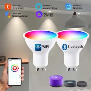 투야 GU10 스마트 LED 전구 WiFi 또는 블루투스 디밍 가능 램프 라이프 앱 제어 스포트라이트 Alexa Google
