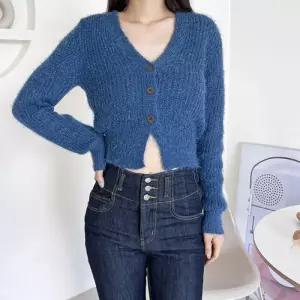 [리빌모아]여자 퍼 브이넥 크롭 니트 가디건 DJW-KN-SCAT1037-인디핑크