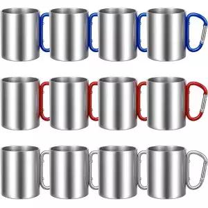 누안추 12개 단열 스테인리스 스틸 캠핑 컵 10온스 휴대용 커피 머그컵 D 링 핸들 하이킹 포함 홈 티 핫