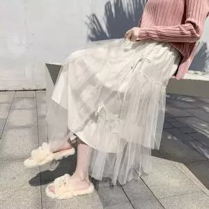 롱치마 리본포인트 망사스커트 다리길어보이는 레이스 (HSJ-WF374BE)