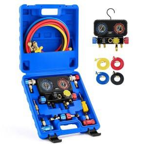 오리온 모터 테크 AC 게이지, R1234yf R134a R404a 냉매용 4방향 매니폴드 게이지 세트, 호스 퀵 커플러가 장착된 자동차 프레온 충전 및 배기용 탭용 셀프 씰링