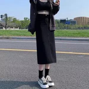 블랙진 롱스커트 청치마 라인 절개 검정색 하의 (HSJ-WBFC4A7)