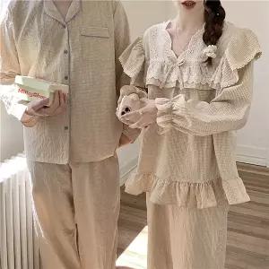 [하프클럽/헬렌]큐비드 베이지 체크 프릴 커플잠옷 파자마 원피스 QB-337