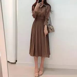 [리빌모아]여자 가을 실루엣 플리츠 주름 원피스 LDW-OPA-SSIS584-브라운