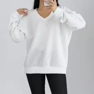 [리빌모아]여자 가을 무지 리브드 골지 브이넥 맨투맨 5CW-TSA-Q113-흰색