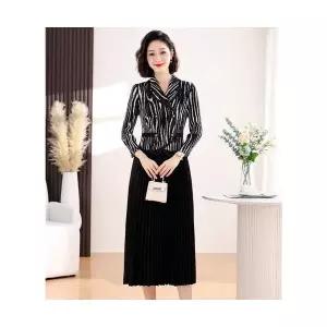 에네로 여자 봄 원피스 하객 가을 스트라이프 페이크투피스 팔부 소매 2단 주름 UNO1