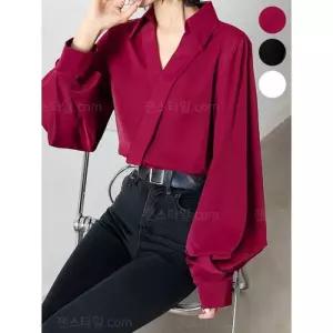 [리빌모아]여자 퍼프 브이넥 실키 카라 데일리 블라우스 OCW-BLA-SWFGRLJ3