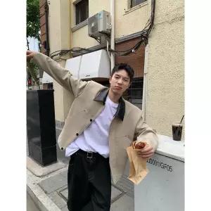 남성 춘추 캐주얼 빈티지 가죽 칼라 쇼트 카고 코트 센스있는 코디 재킷 카라 루즈핏 상의 배색 커플 DUCHI