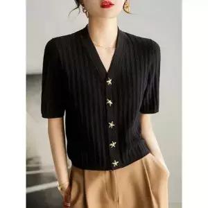 여친 니트 브이넥 카디건 쿨링 봄가을 숏 브이넥티 티셔츠 반팔 DUCHI2