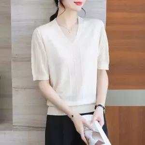 여자 실크 니트 티셔츠 봄가을 브이넥 반팔 브이넥티 상의 카디건 DUCHI2