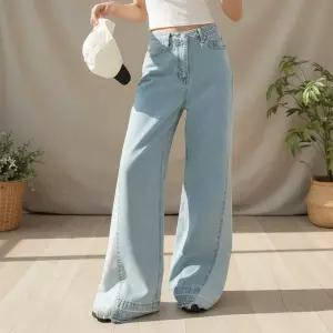 여성 절개 배색 와이드 연청 부츠컷 맥시진