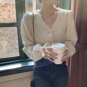 [리빌모아]여자 프릴 퍼프소매 브이넥 단추 블라우스 OCW-BLA-SWFGONV3