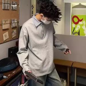 그레이 스트라이프 시크 맨투맨 데일리 티 님성 셔츠 가짜투피스 봄가을 긴팔티 긴팔 패치 플라워 다올3