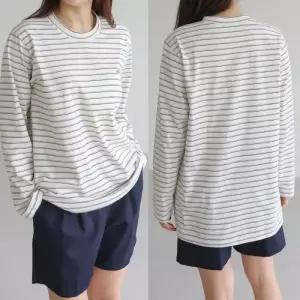[리빌모아]여자 빅사이즈 스트라이프 라운드 긴팔 티셔츠 OCW-TSA-SWFGY4Q9