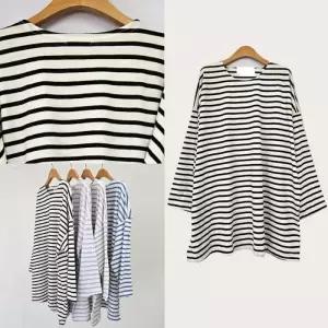 [리빌모아]여자 빅사이즈 스트라이프 라운드 긴팔 티셔츠 OCW-TSA-SWFGY4Q1