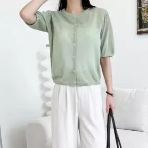 [리빌모아]여자 린넨 퍼프 무지 반팔 니트 가디건 DJW-CA-S2LPPT1020-겨자