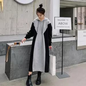 [리빌모아]여자 루즈핏 배색 후드 롱 원피스 JSW-OPS-SP0000CTZ-블랙그레이
