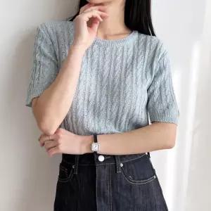 [리빌모아]여자 꽈배기 라운드 원사 반팔 니트 DJW-KNH-S2LPPT1041-소라