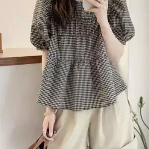 미에스틸로 여친 여름 소매 빅사이즈 상의 반팔 퍼프 셔츠 베이비 블라우스 체크 프렌치 ADOR2