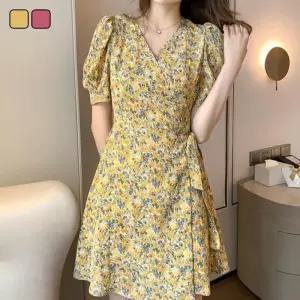 [리빌모아]여자 플라워 브이넥 퍼프 로브 랩 원피스 DHTW-OPS-SN1710018