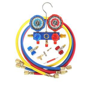 [미국배송] PB 모터 테크 R134A R410A R22 R404A 냉매용 3방향 AC 매니폴드 게이지 세트 퀵 커플러 410 어댑터 천공 캔 탭 밸브 코어 도구 포함. 에어컨 유지보수에 적합