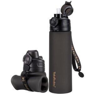 [미국배송] 테이크투데이 접이식 물병 20온스 누수 방지 BPA 프리 실리콘 여행용 물병 자전거 타기 하이킹 야외용 빨대 스트랩 포함