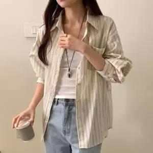 [옷자락]여성용 봄여름 통기성 루즈핏 줄무늬 셔츠
