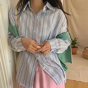 [옷자락]여성 데일리 오버사이즈 레인보우 체크 스트라이프 셔츠