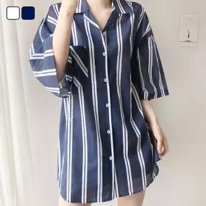 [리빌모아]여자 루즈핏 린넨 스트라이프 반팔 셔츠 KSMW-SHS-SCK0419008