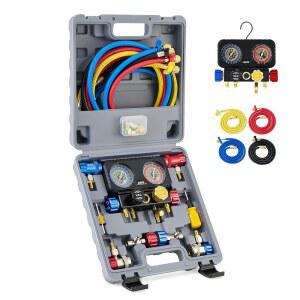 오리온 모터 테크 R1234yf AC 게이지 세트, 4방향 W 호스 R134a 퀵 커플러 셀프 씰링 탭하여 프레온 충전, R404a용 키트, 밸브 매니폴드 세트 4개