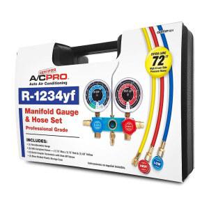 인증된 A/C Pro 자동차 에어컨 냉매 게이지 및 호스, 호환 가능한 차량에 R-12343YF를 분사하는 재사용 AC 충전 키트, 재보정 저압 고압 게이지, 인터다이나믹스 포함