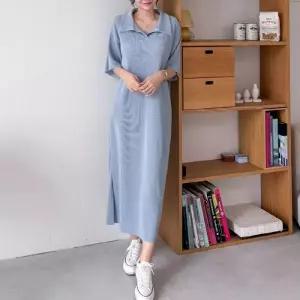 [더바디시크릿]루즈핏 편안한 주름카라 롱 원피스