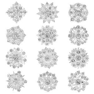 크리스탈 라인스톤 플라워 브로치 세트 12개 여성용 실버 합금 웨딩 부케 여성 패션 공예 장식 신부 키트