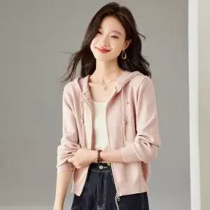 솜브레로스 여성용 니트 상의 긴팔 후드 가디건 솔리드 집업 카디건 숏 DOS1