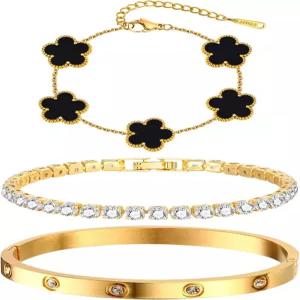 여성 스태커블 플로럴 골드 팔찌 - 3Pcs 18K 도금 스테인리스 스틸 뱅글 변색 방지 세트 트렌디한 주얼리