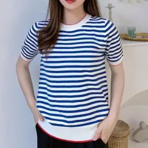 여자 니트 여름 반팔 패션 티 풀오버 스트라이프 루즈핏 프렌치 상의 얇은 세일러 러블리 롱루즈핏 다올2
