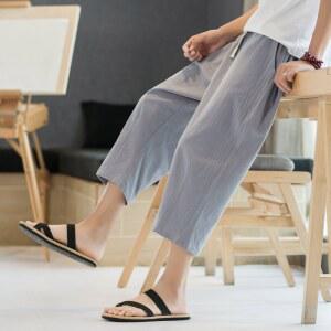 남성용 코튼 린넨 캐주얼 바지 7부 반바지 얇은 빅사이즈 여름 트렌디 루즈핏 팬츠