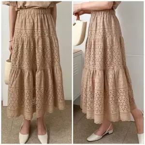 여성 밴딩 펀칭 캉캉 면 코튼 롱스커트