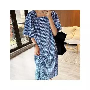 에스케이스토아 여성 여름 체크 반팔 루즈 오버 핏 롱 원피스 블루 HSJ-WED2BF7 739323