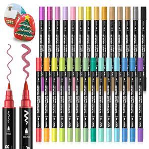 [미국배송] 28 메탈릭 컬러 듀얼 팁 아크릴 페인트 마커 브러시 및 파인 락 세라믹 우드 캔버스 플라스틱 유리 스톤 캘리그라피 카드 제작 공예 네일 아트용