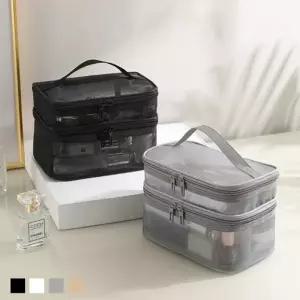 수영장 화장실 화장대 화장품 정리 투명 메쉬 2단 건습 분리 지퍼 파우치