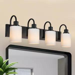 빈루즈 4 라이트 베니티 조명기구 매트 블랙 월 복도 침실용 거울 위에 오팔 화이트 유리 그늘 금속 실내