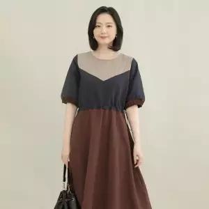 [애비뉴투지]아노락 배색 반팔 여름 허리스트링 롱 원피스 O08102