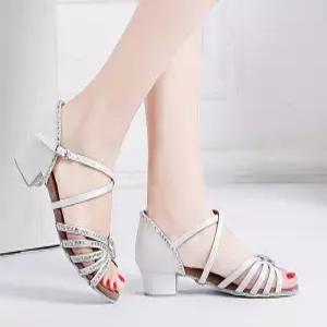 큐빅 댄스화 살사 재즈 댄스신발 여성 샌들 구두 흰색 슈즈